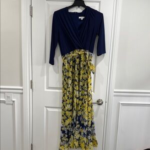 Chetta B Navy and Yellow Floral Wrap Maxi Dress